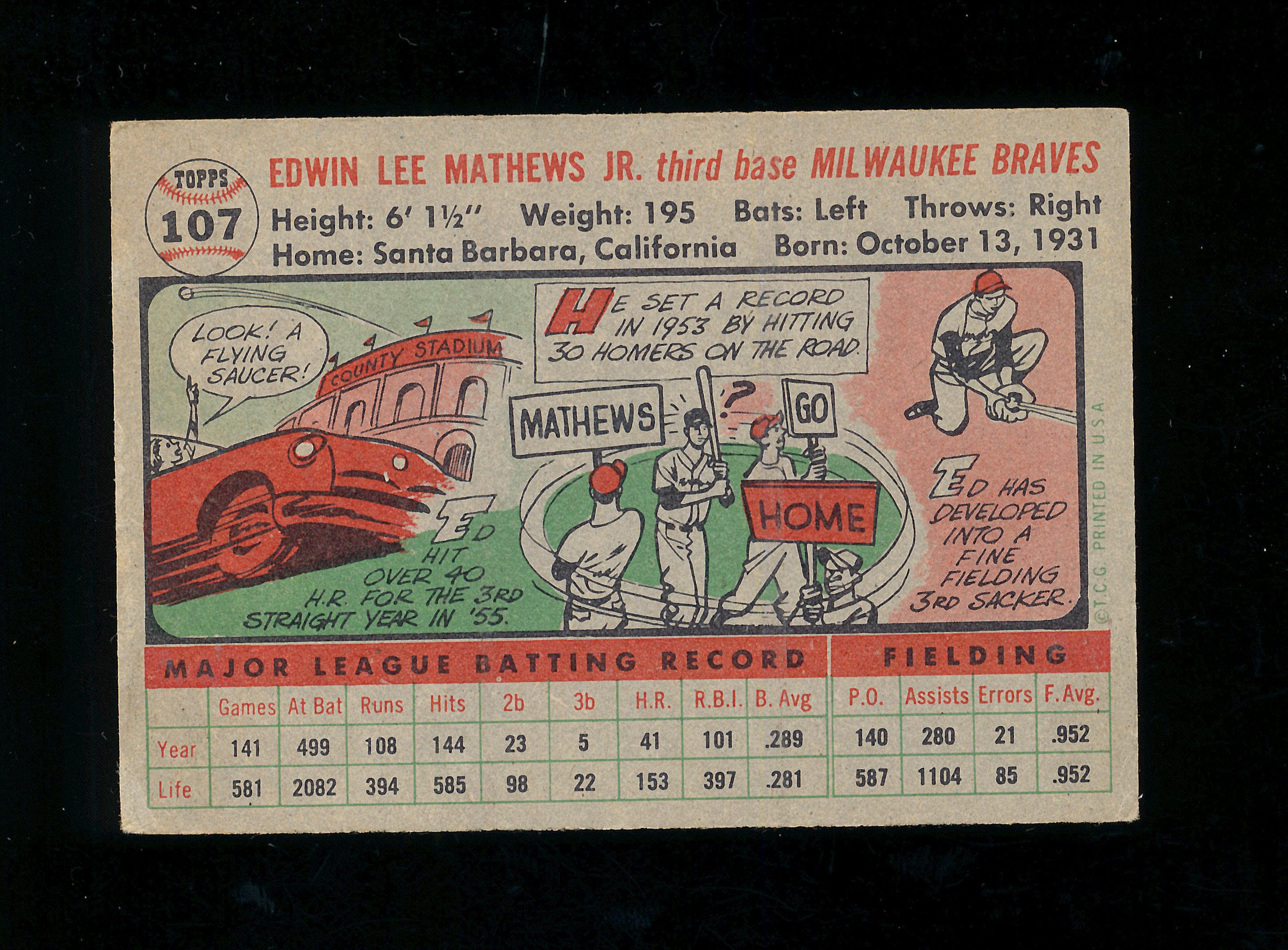 1956 Topps Baseball Card #107 Hall of Famer Eddie Mathews Milwaukee Braves.