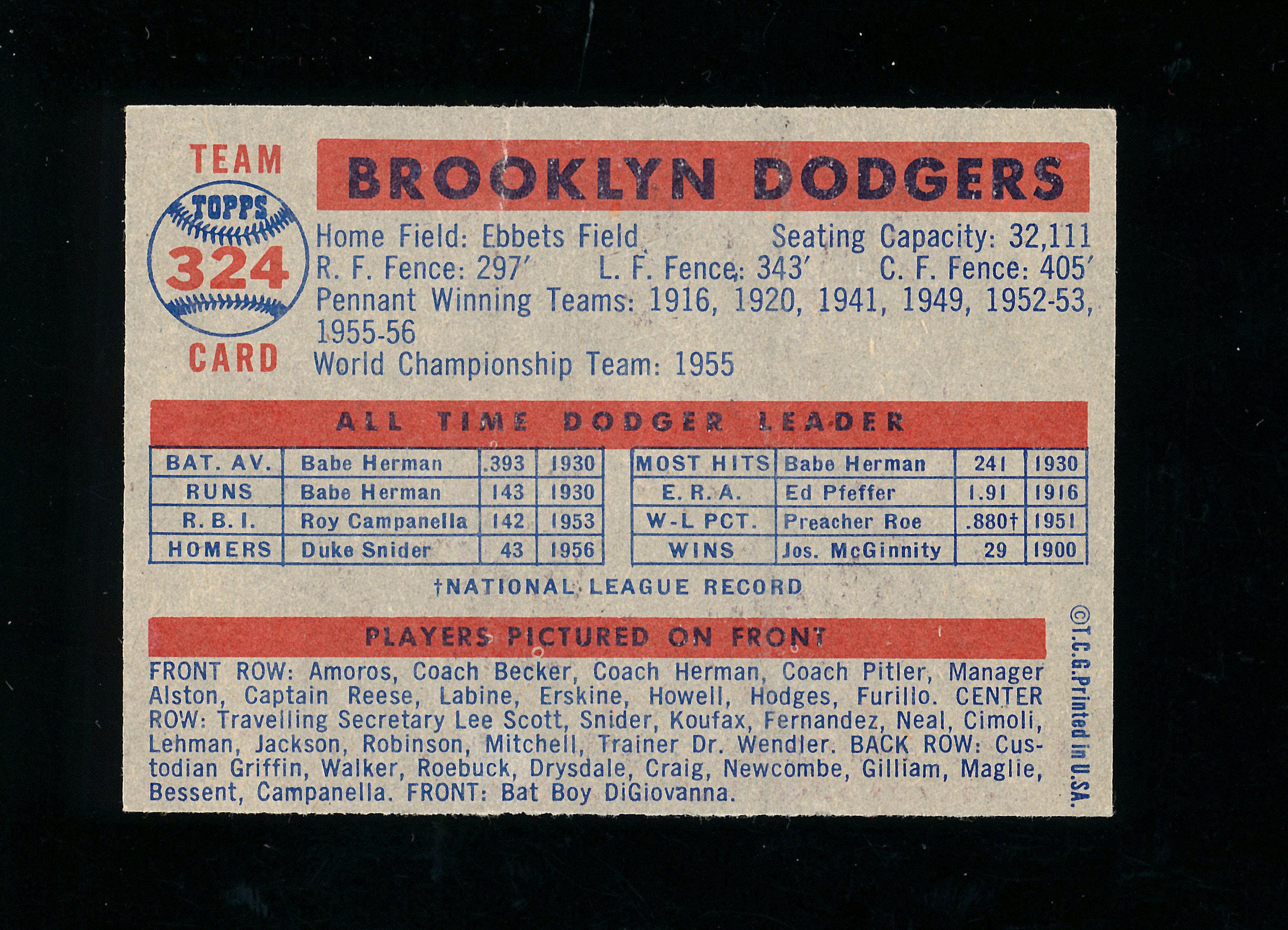 1957 Topps Baseball Card #324 Brooklyn Dodgers Team. Has Crease on front To