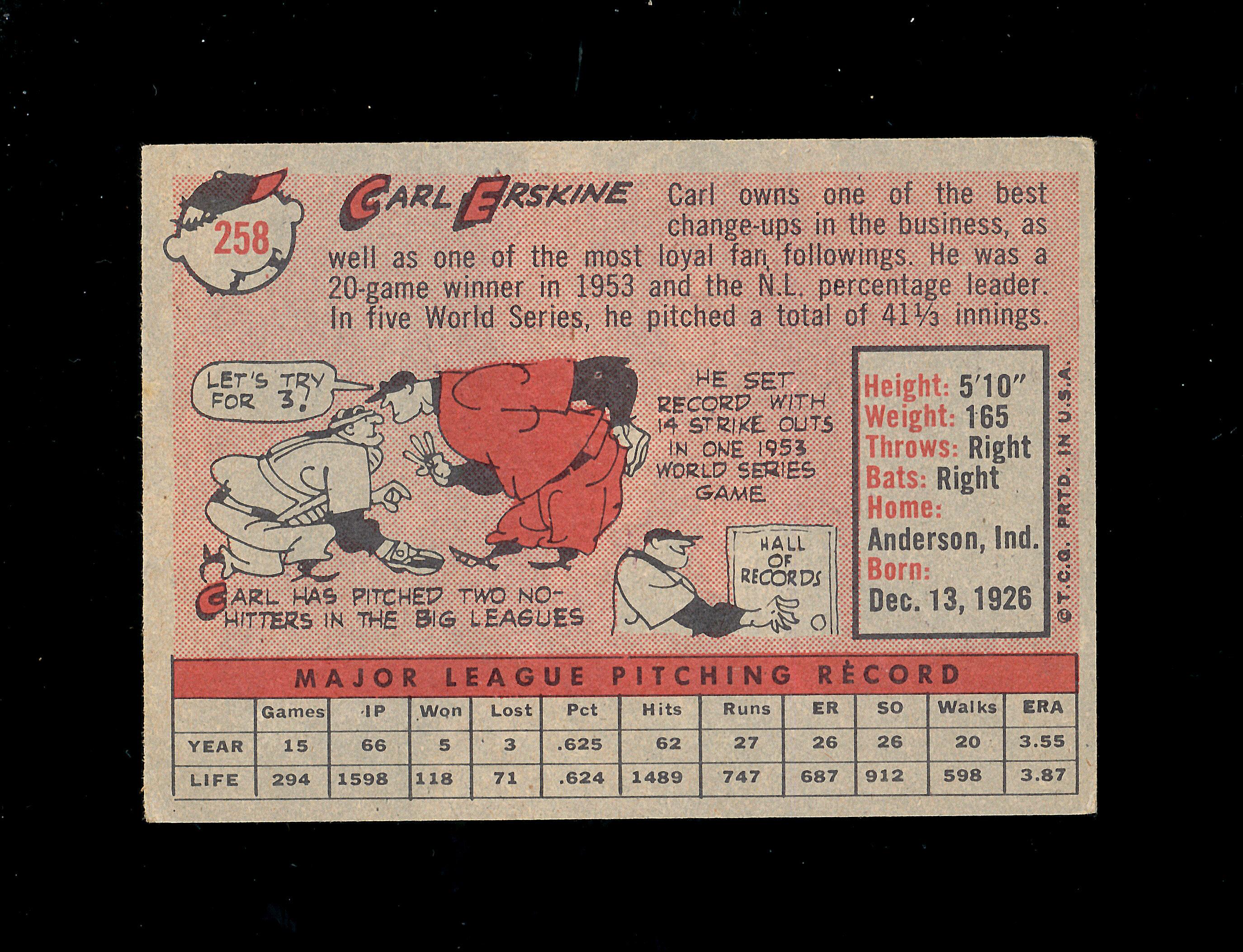 1958 Topps Baseball Card #258 Carl Erskine Los Angeles Dodgers. EX to EX-MT