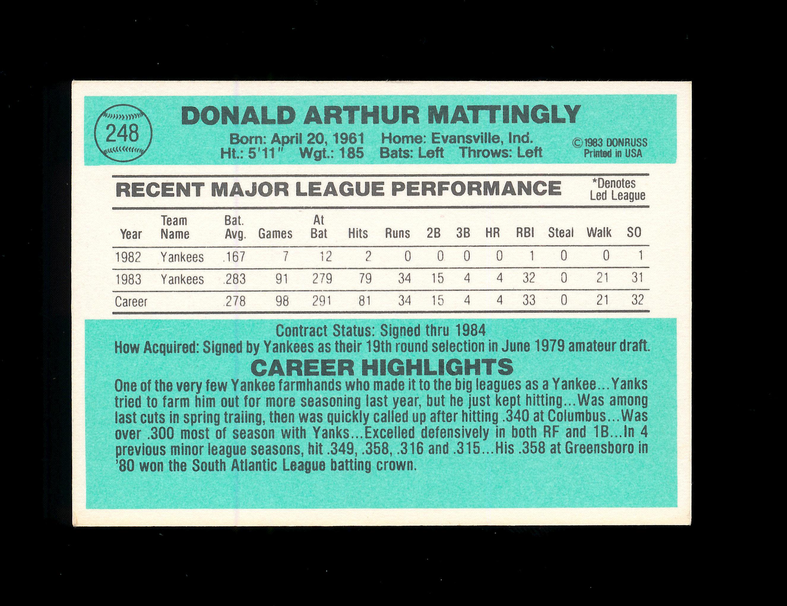 1984 Donruss ROOKIE Baseball Card #248 Rookie Hall of Fame. Don Mattingly N