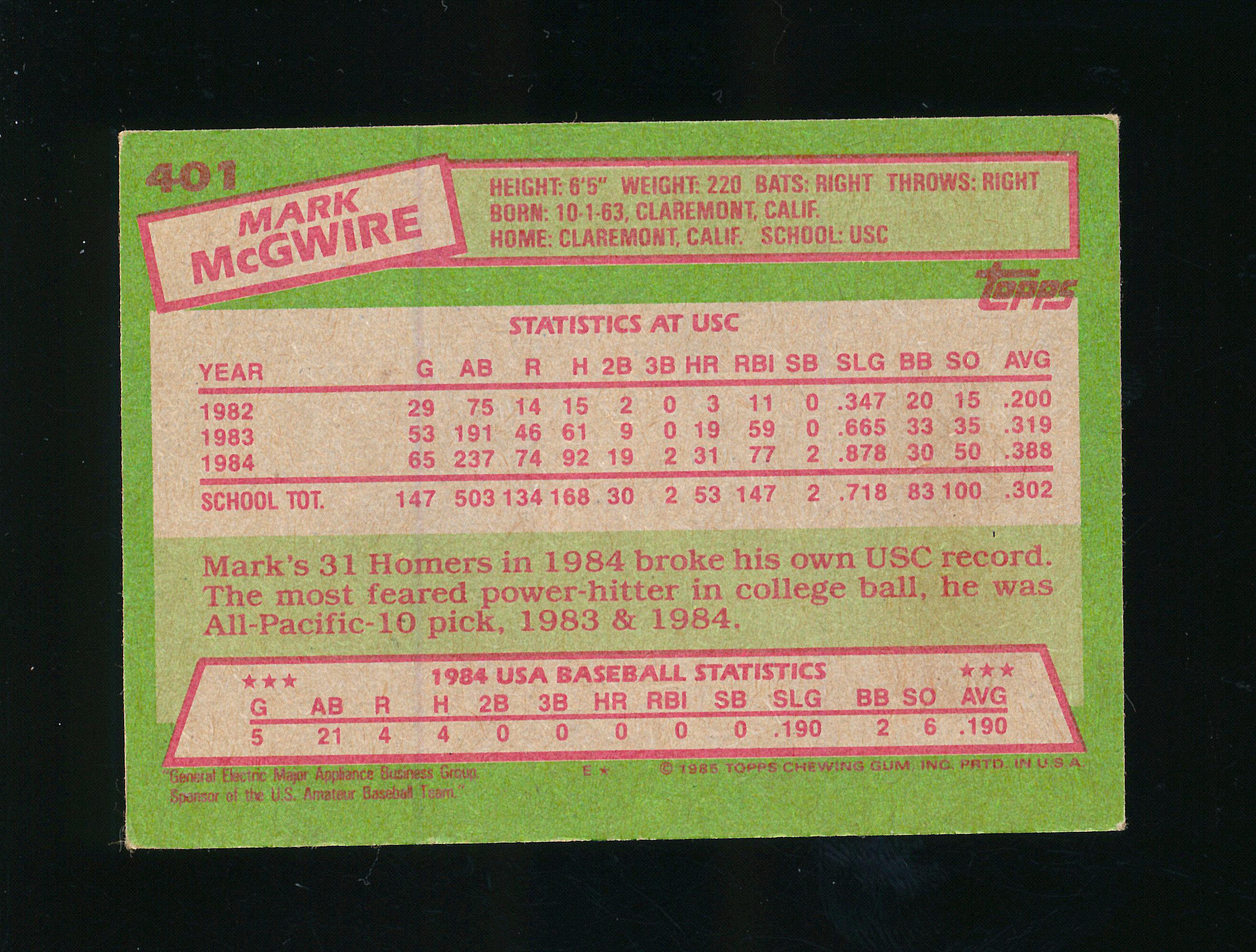 1985 Topps ROOKIE Baseball Card # Rookie Mark McGwire United States Basebal