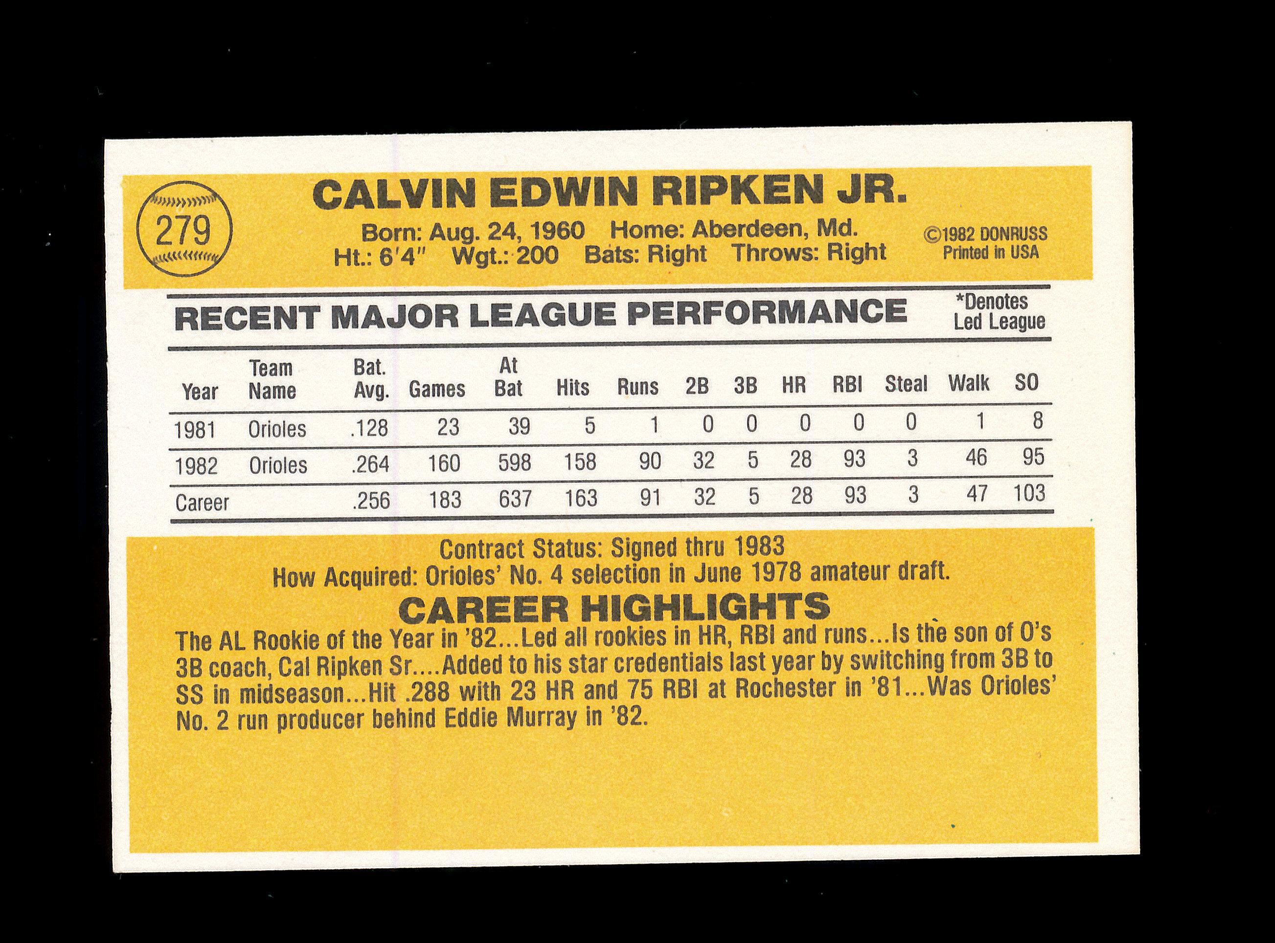 1983 Donruss Baseball Card #279 Hall of Famer Cal Ripken Jr. Baltimore Orio