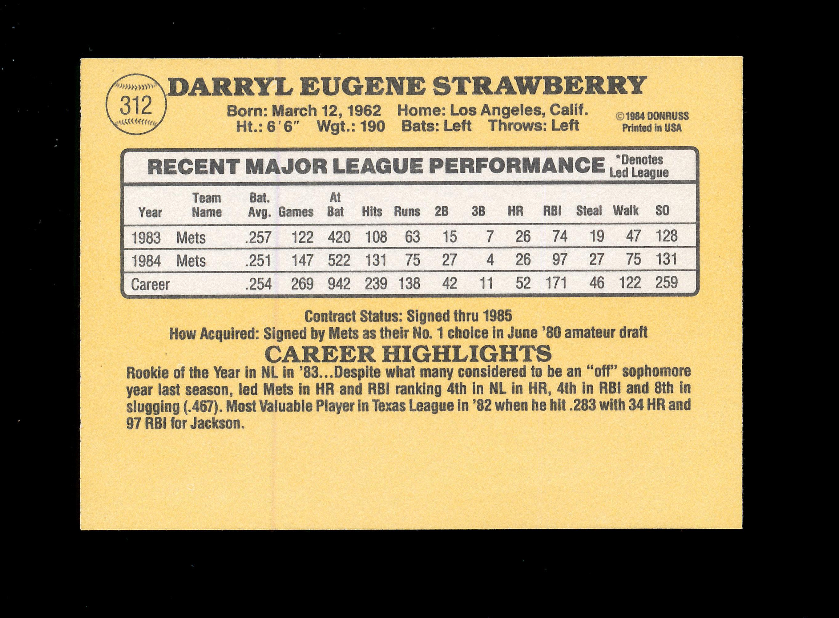 1985 Donruss Baseball Card #312 Darryl Strawberry New York Mets. NM to NM-M