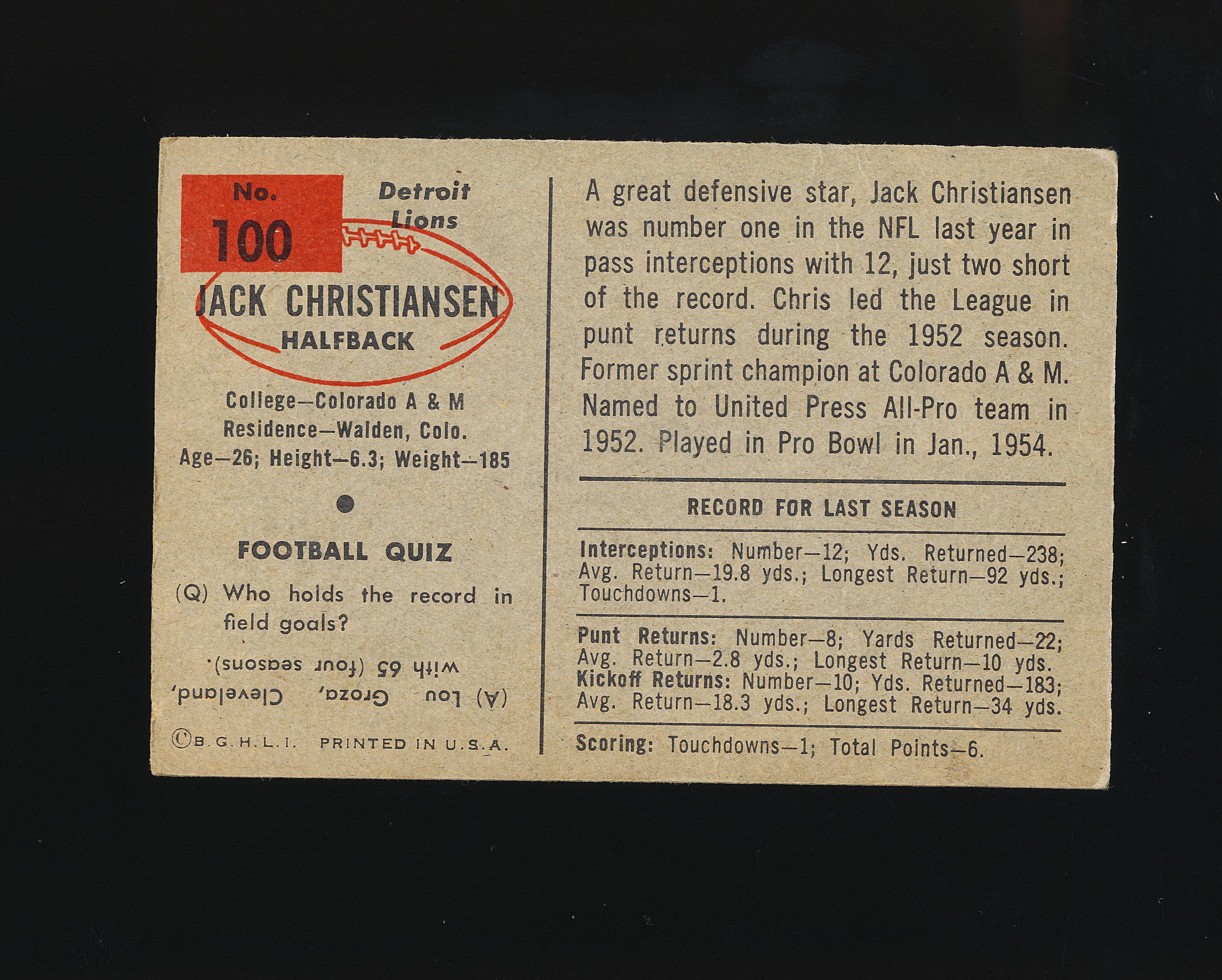 1954 Bowman Football Card #100 Hall of Famer Jack Christiansen Detroit Lion
