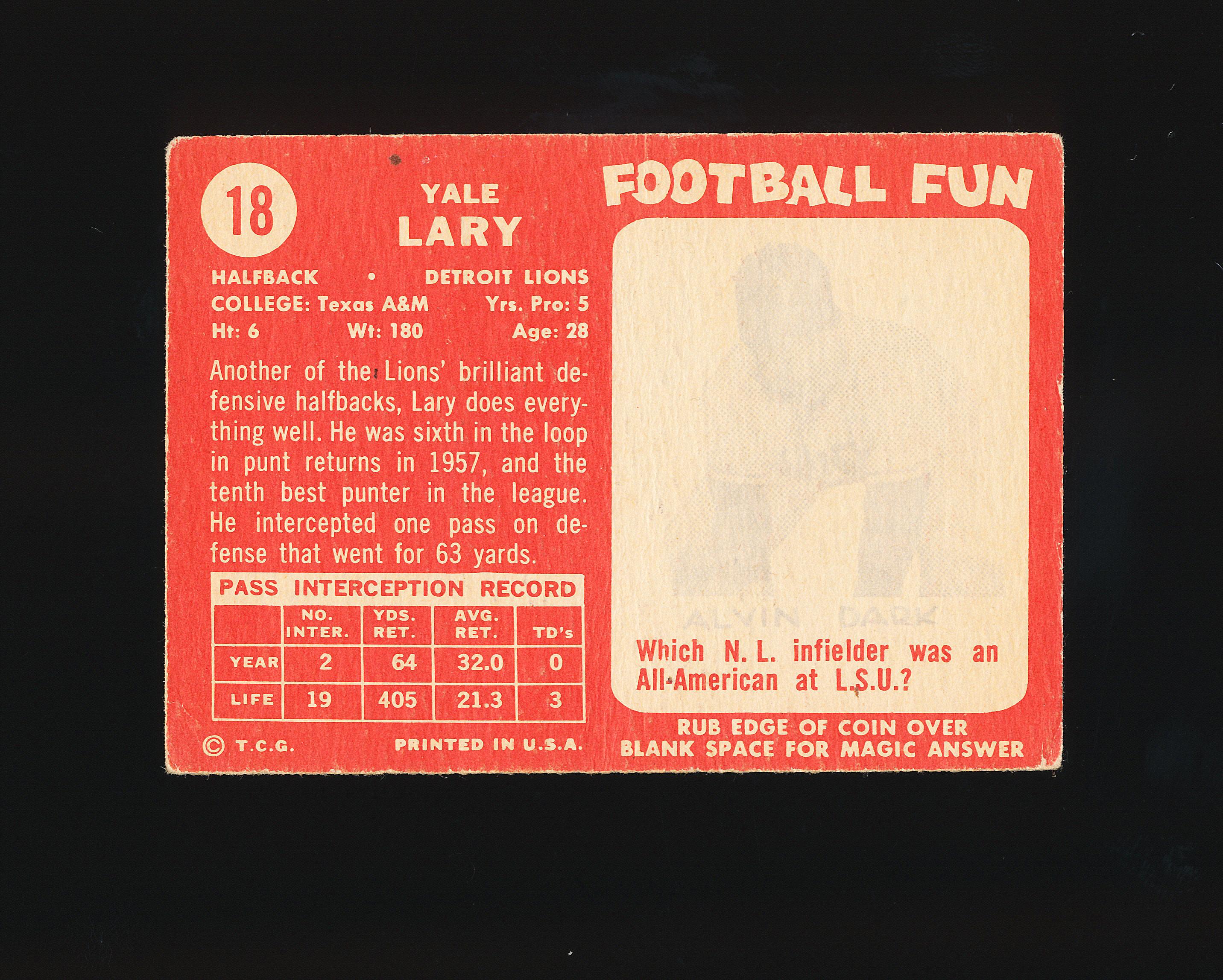 1958 Topps Football Card #18 Hall of Famer Yale Lary Detroit Lions