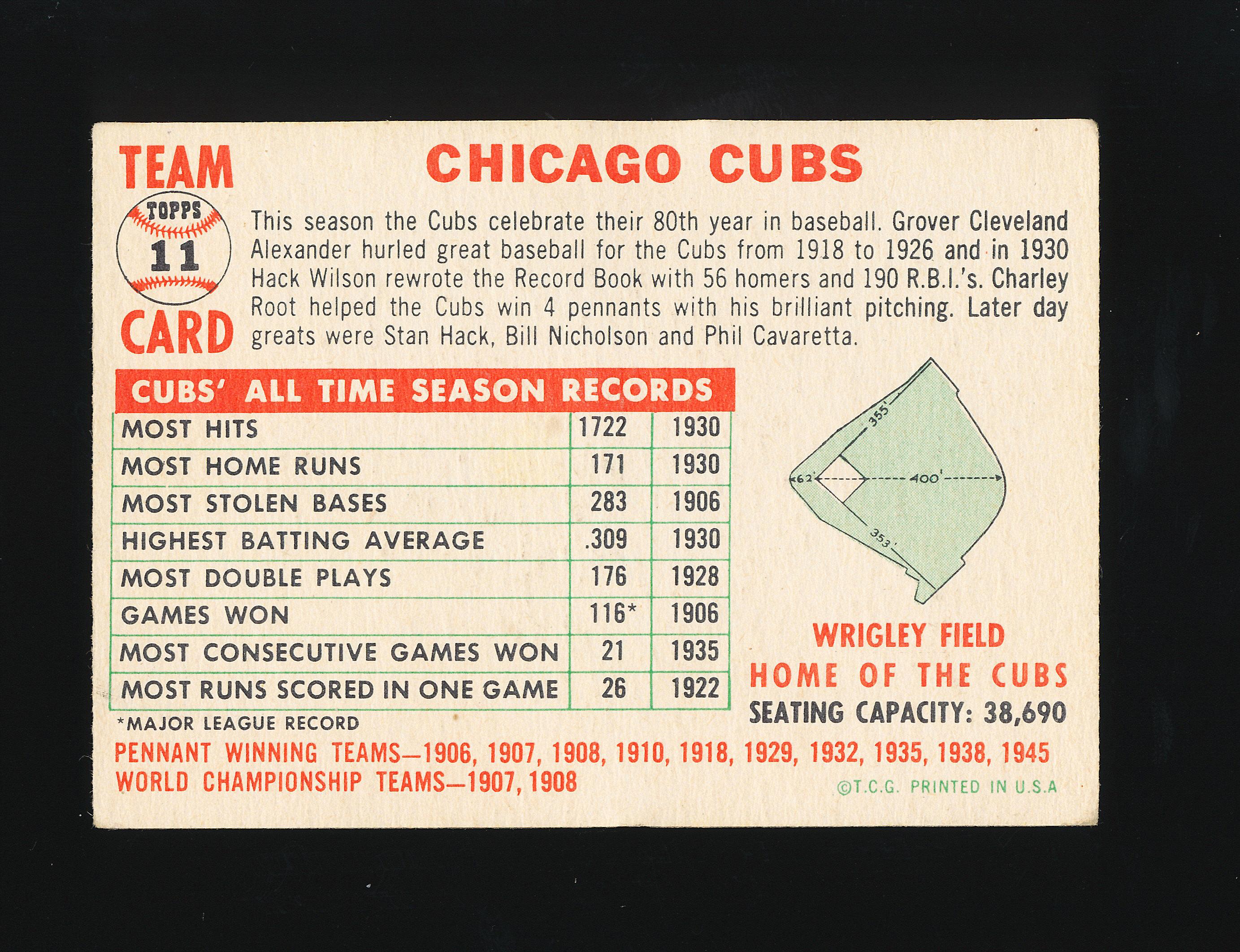 1956 Topps Baseball Card #11 Chicago Cubs Team Card