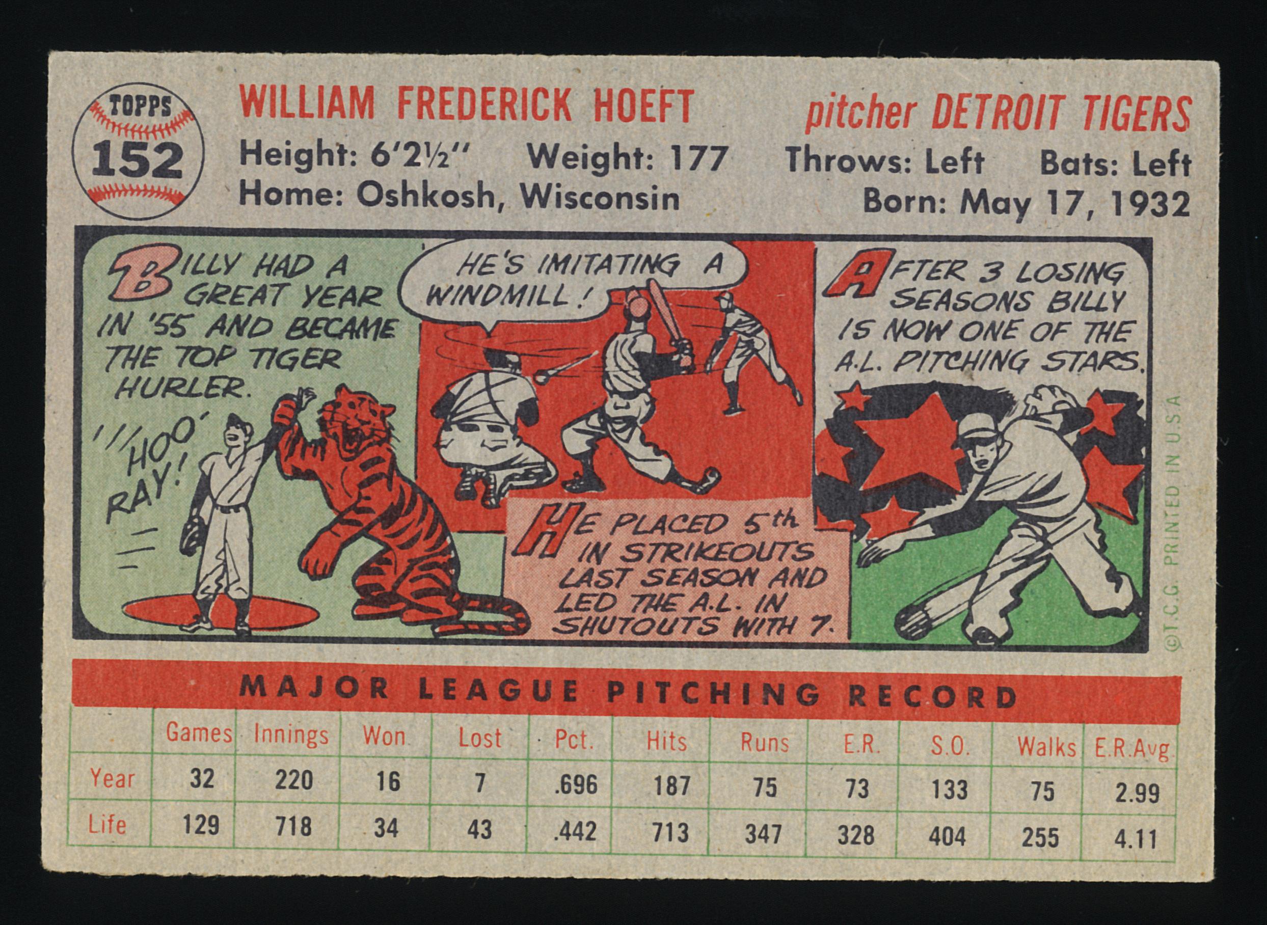1956 Topps Baseball Card #152 Billy Hoeft Detroit Tigers