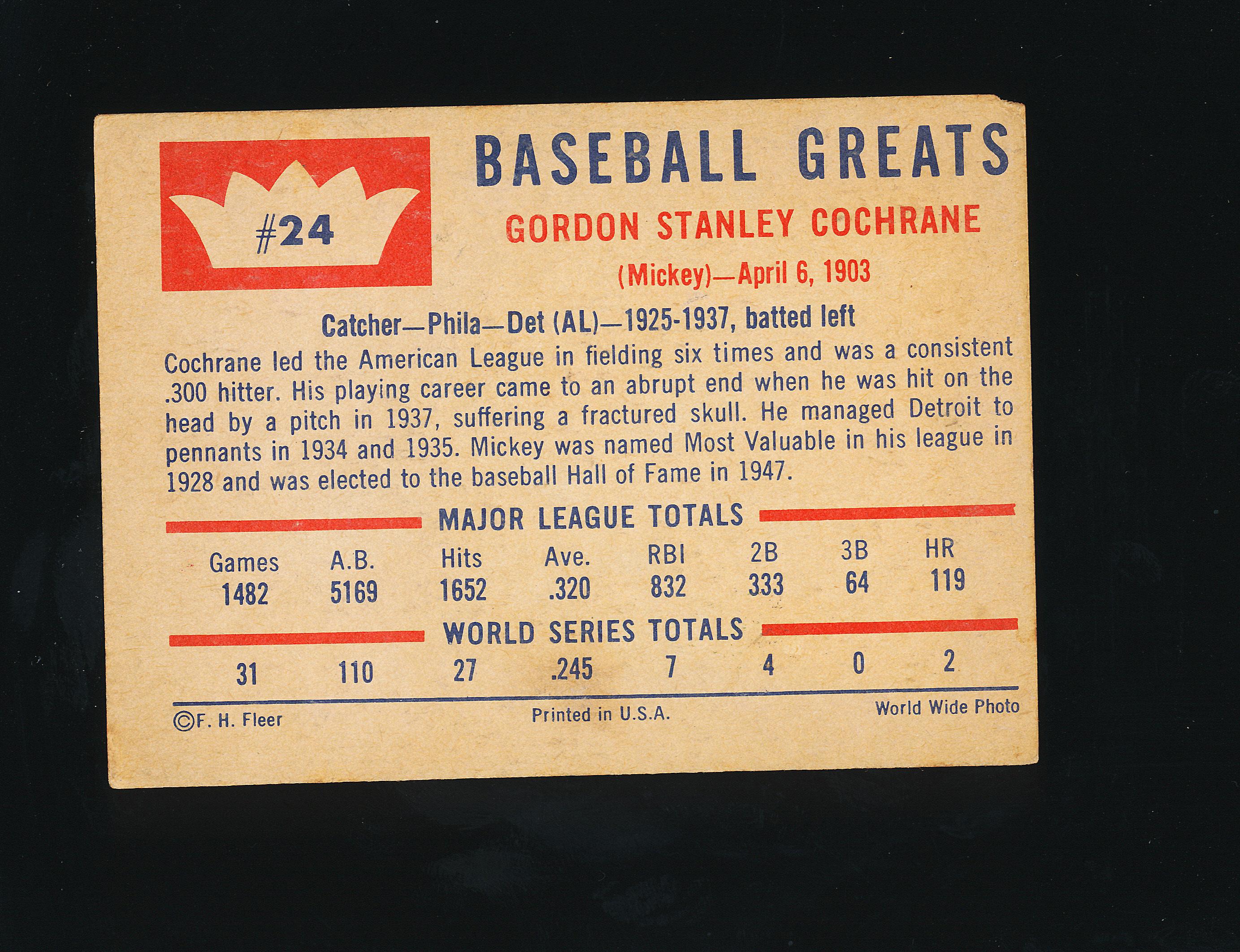 1960 Fleer "Baseball Greats" Baseball Card #24 Hall of Famer Mickey Cochran