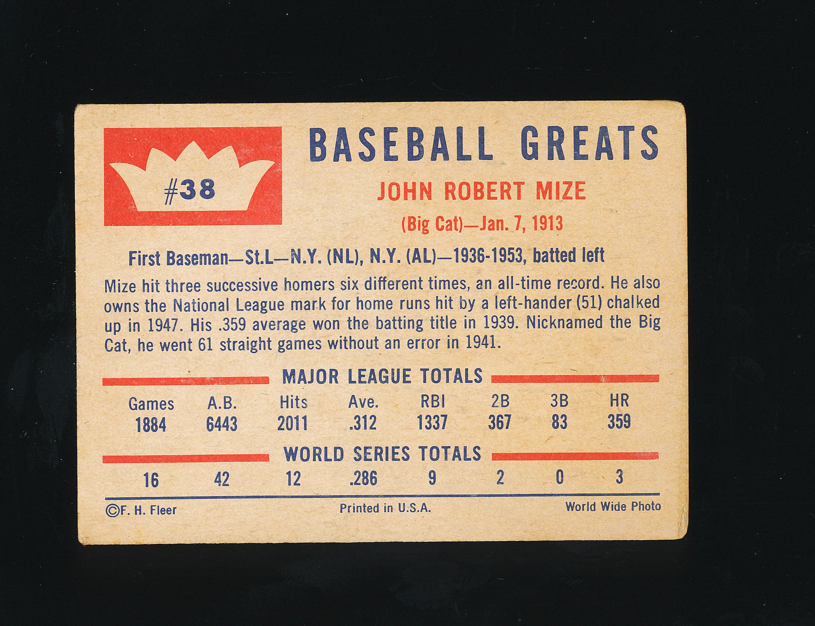 1960 Fleer "Baseball Greats" Baseball Card #38 Hall of Famer Johnny Mize
