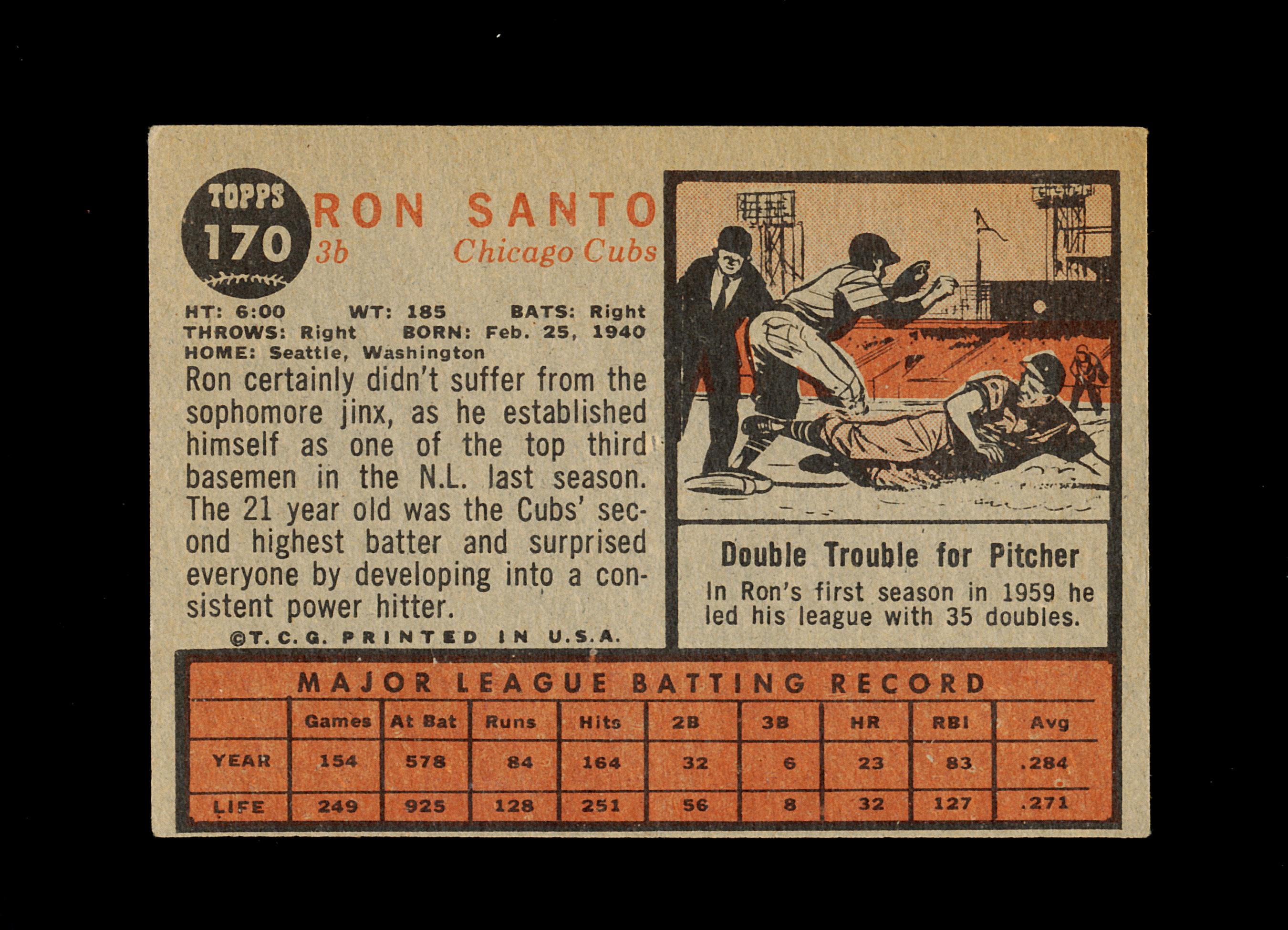 1962 Topps Baseball Card #170 Hall of Famer Ron Santo Chicago Bears