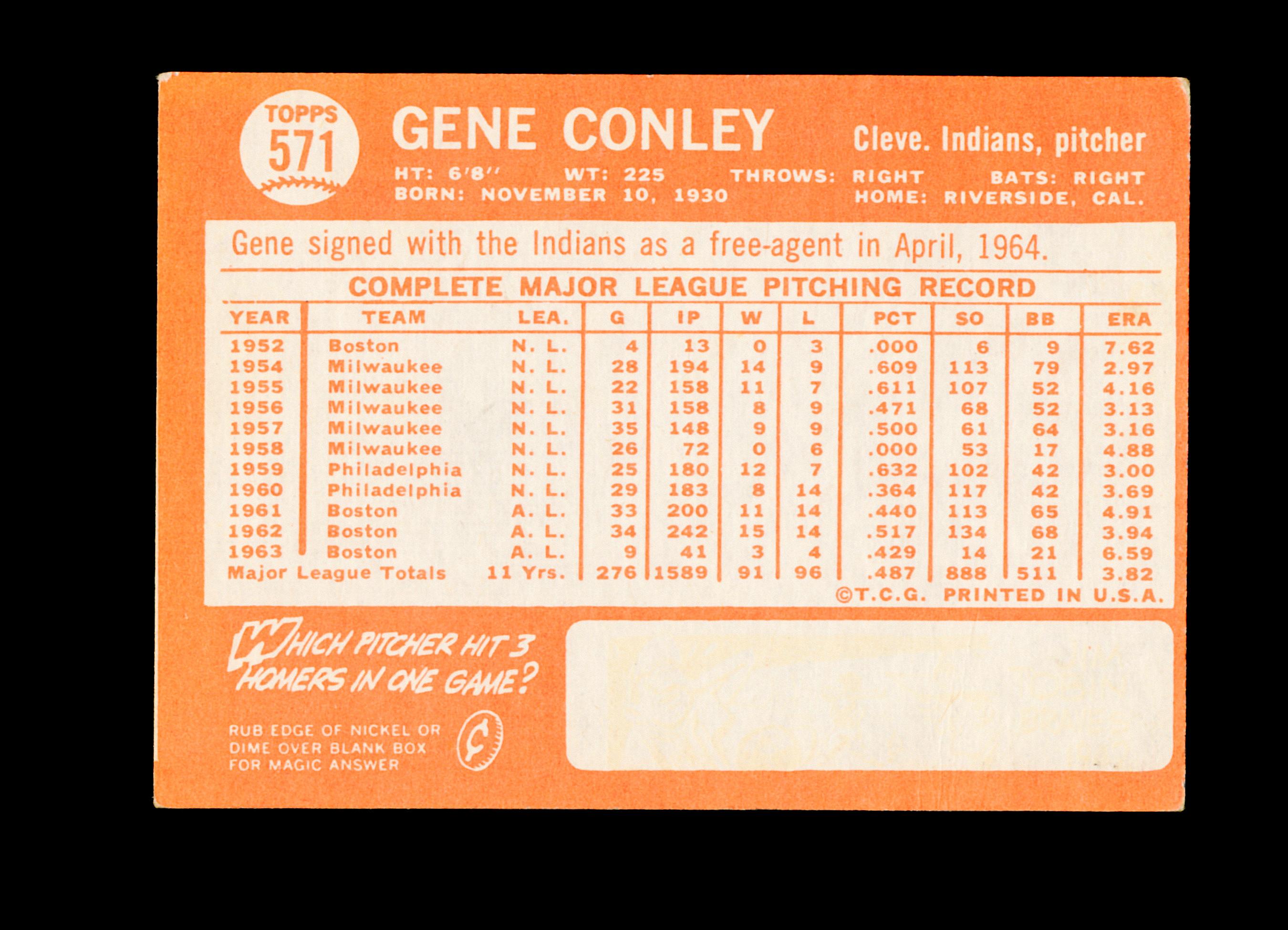 1964 Topps Baseball Card #571 Gene Conley Cleveland Indians