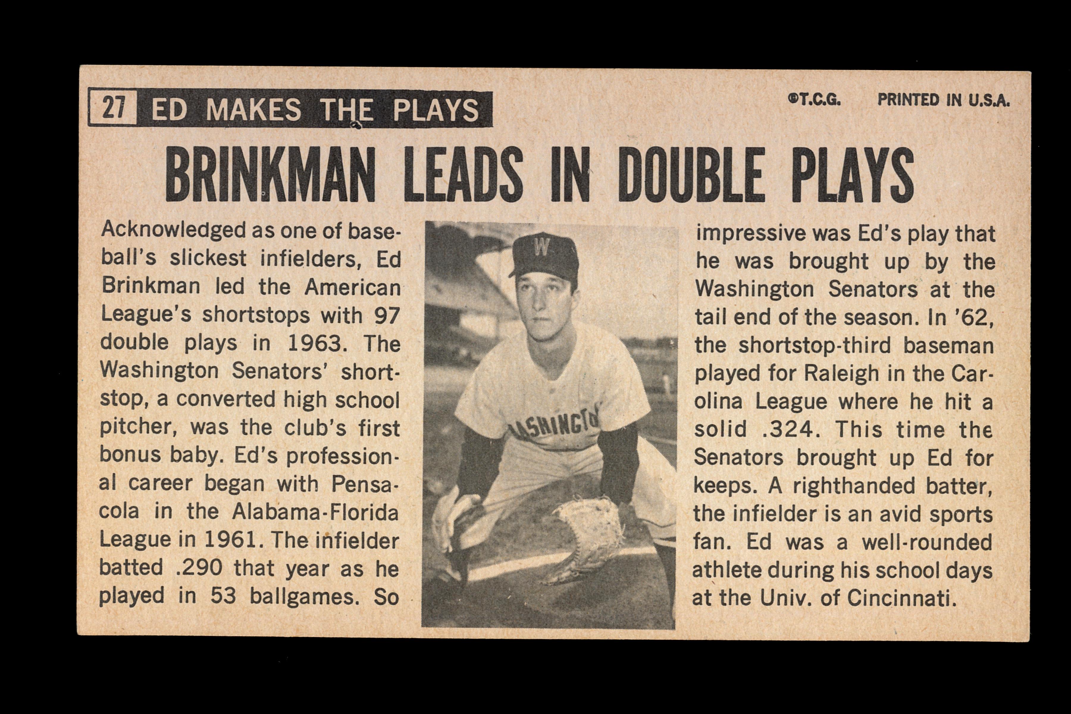 1964 Topps Giants Baseball Card #27 Ed Binkman Washington Senators