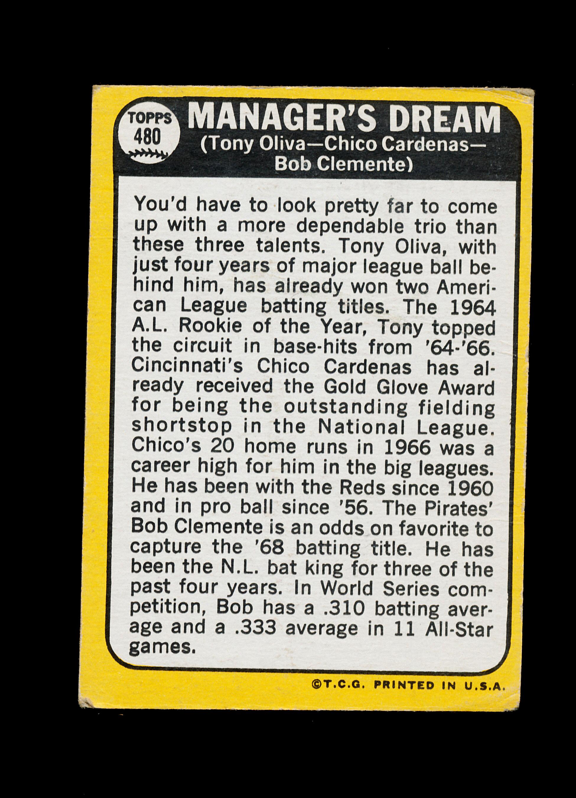 1968 Topps Baseball Card #480 "Managers Dream: Hall of Famer Bob Clemente,