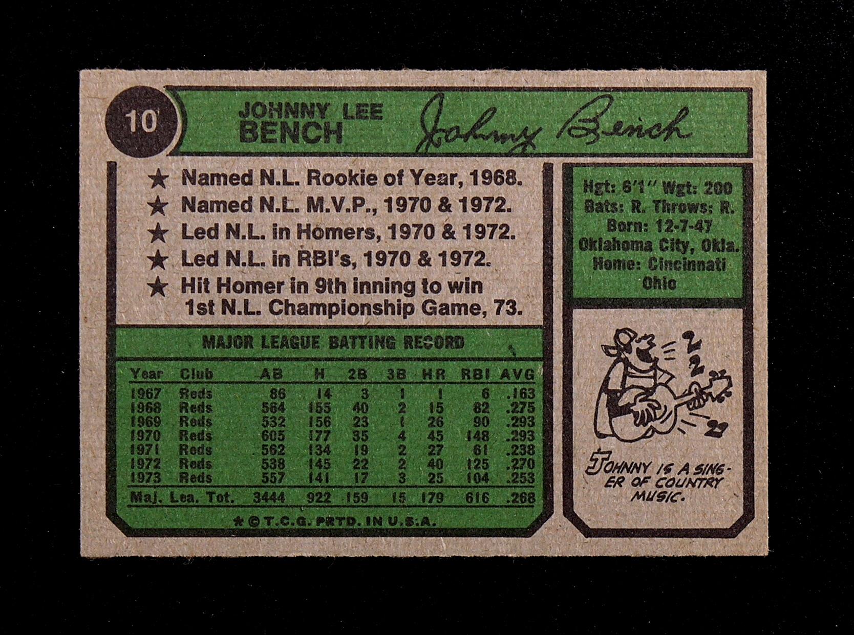 1974 Topps Baseball Card #10 Hall of Famer Johnny Bench Cincinnati Reds
