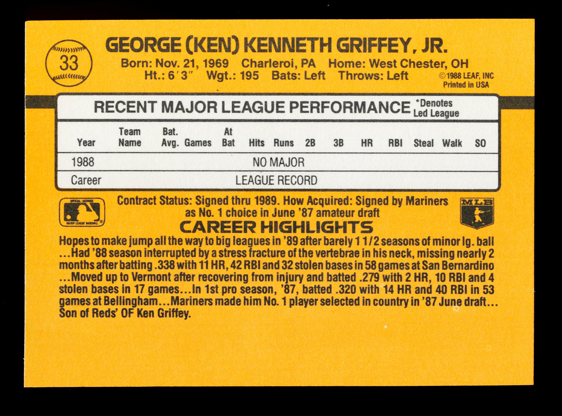1989 Donruss RATED ROOKIE Baseball Card #33 Rookie Hall of Famer Ken Griffe