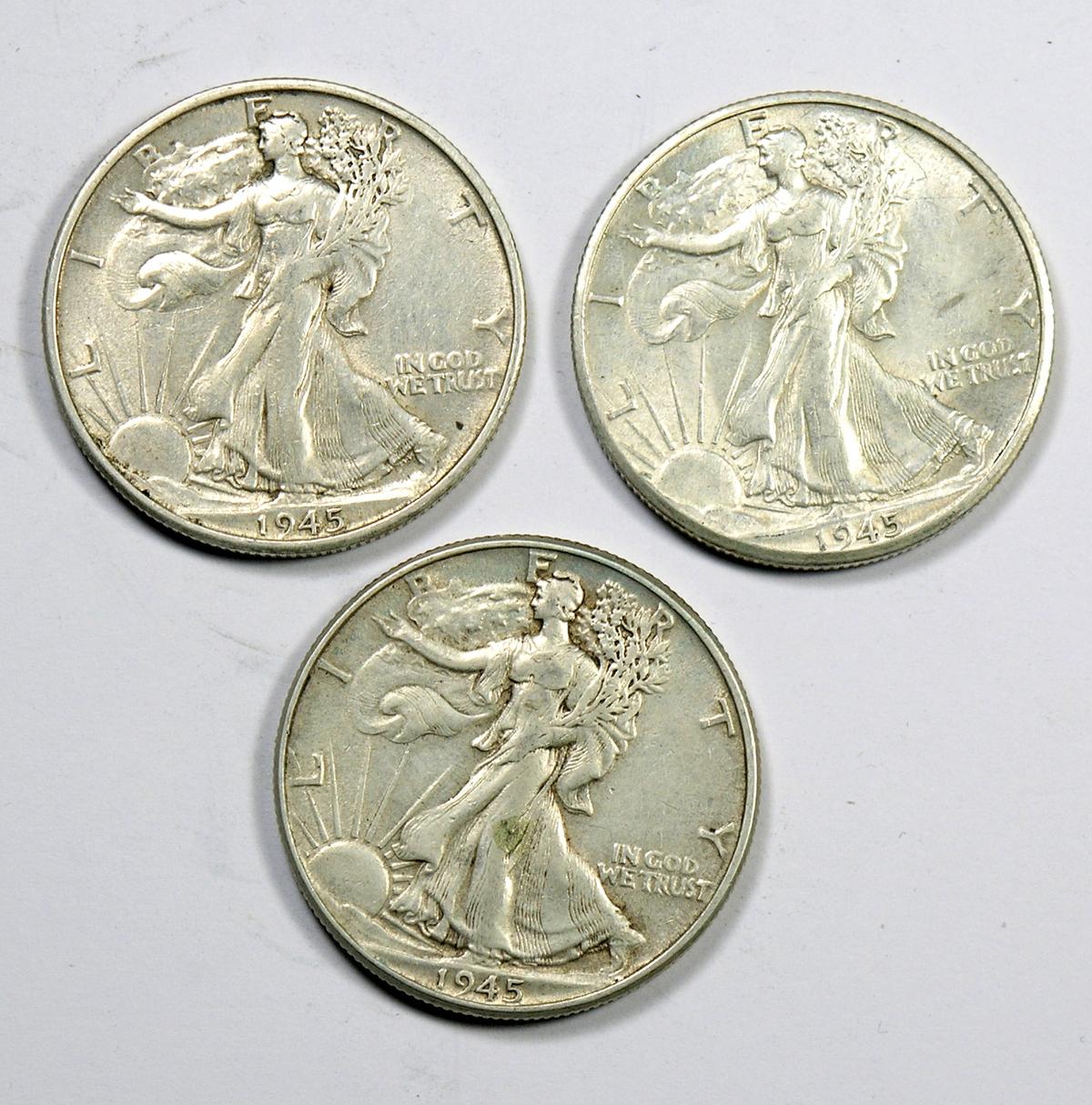 1945 P-D-S Walking Liberty Silver Half Dollars (3 Coins)