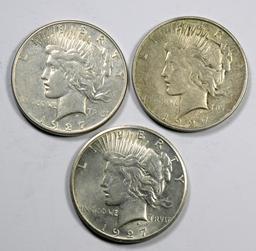 1927 P-D-S Peace Silver Dollars (3 Coins)