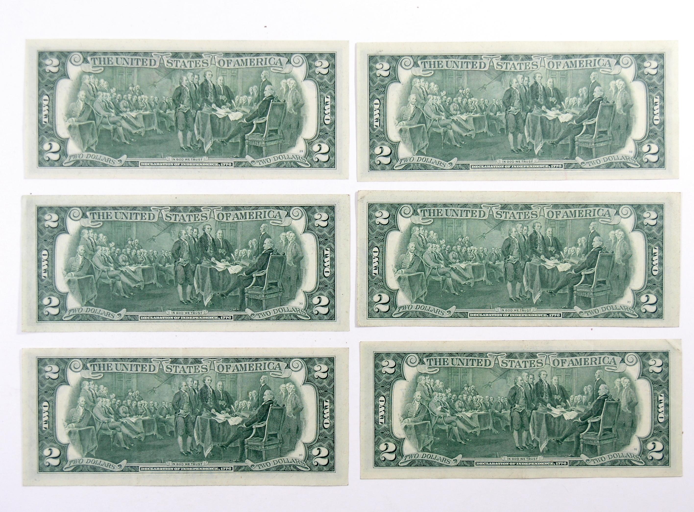 (6) 1976 Uncirculated $2 Federal Reserve Notes