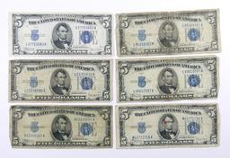 (6) 1934 United States $5 Silver Certificates