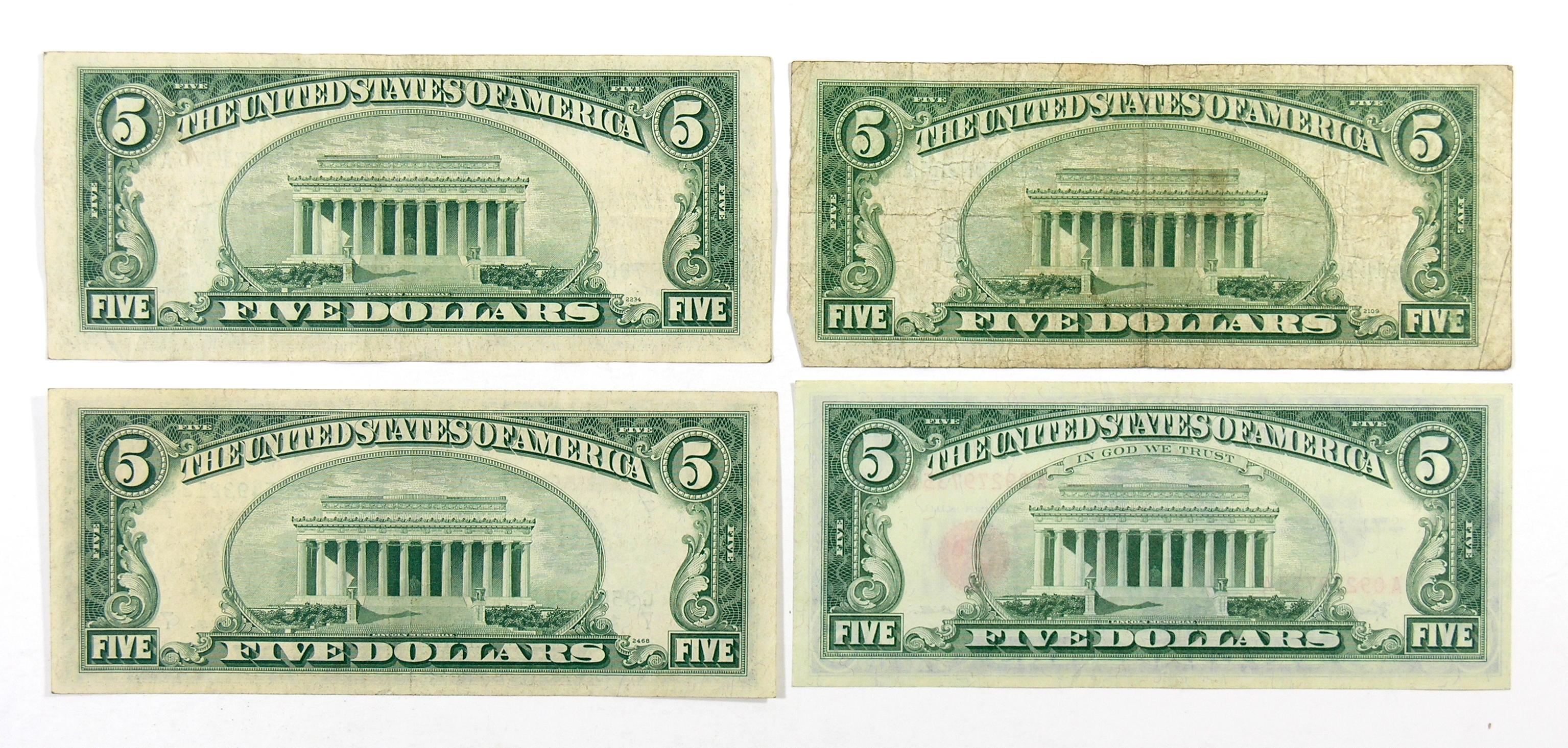 (4) 1950s-60s United States $5 Silver Certificates and Federal Reseve Notes