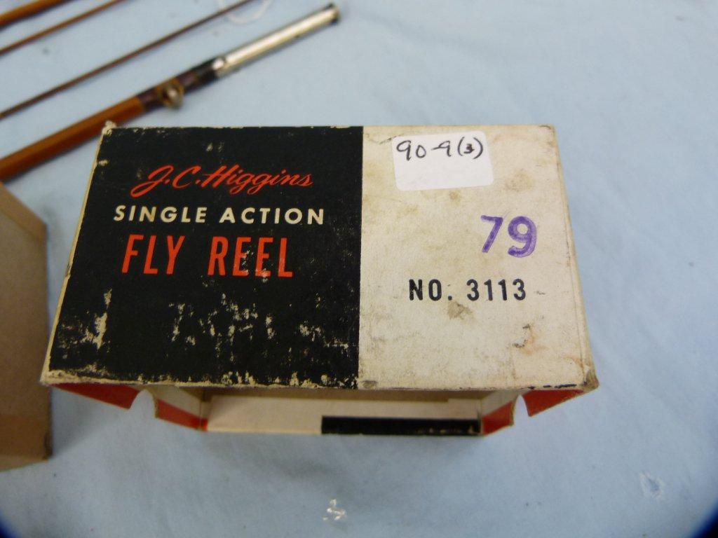 Shakespeare fly rod, JC Higgins reel & leader; fly line cleaner