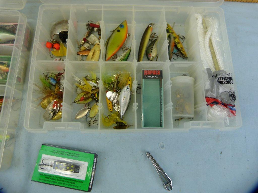 52 Fishing lures in 2 plastic tackle trays