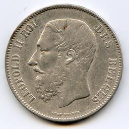 Belgium 1873 silver 5 francs good VF