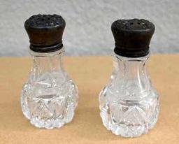 Cut Glass Salt & Pepper Shaker Set with Sterling Tops