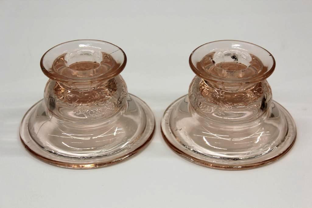 Gorgeous Set of Two Pink-Tinted Depression Glass Candle Holders