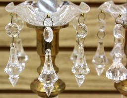 Pair of Brass-Colored and Clear Art Deco Candlesticks with Chandelier Crystals