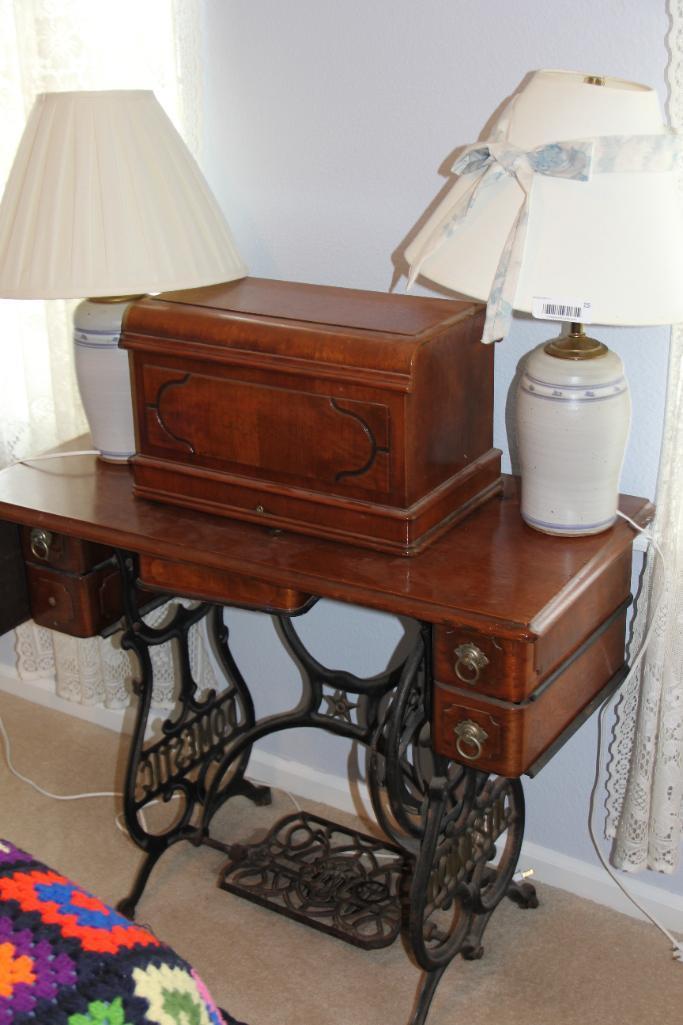 Antique Sewing Machine Table and 2 Lamps