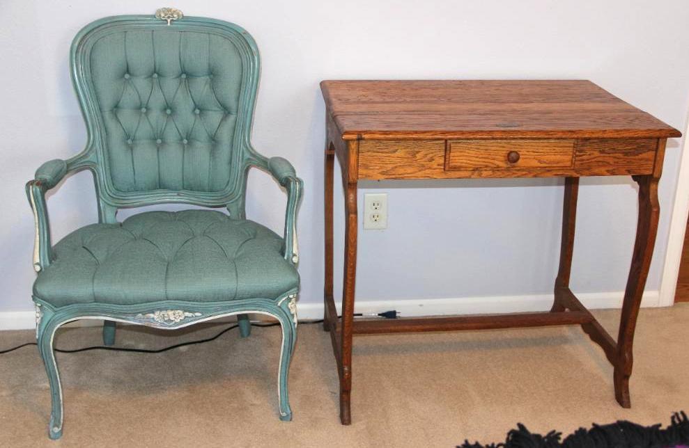 Antique Table and Blue Chair