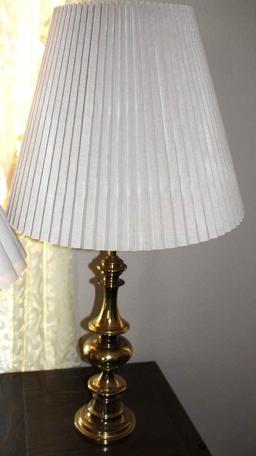 Two Brass Lamps with Shades and Milk Glass Vase