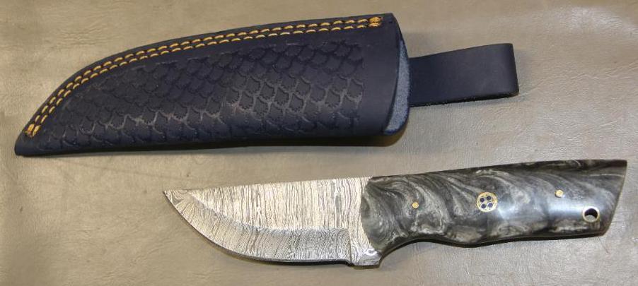 Custom Damascus Pattern Hunting Knife in Sheath