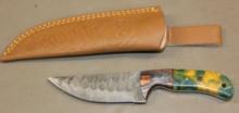 Custom Damascus Pattern Hunting Knife in Sheath