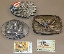 Three Belt Buckles with Eagle and Native American Motifs