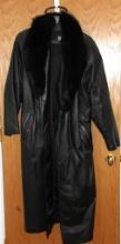 Full Length Black Leather Coat with Fur Collar